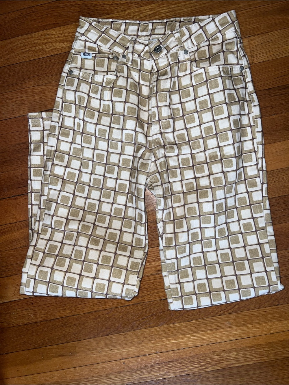 Straight Leg Women’s Jeans in Beige & White Geometric Print
